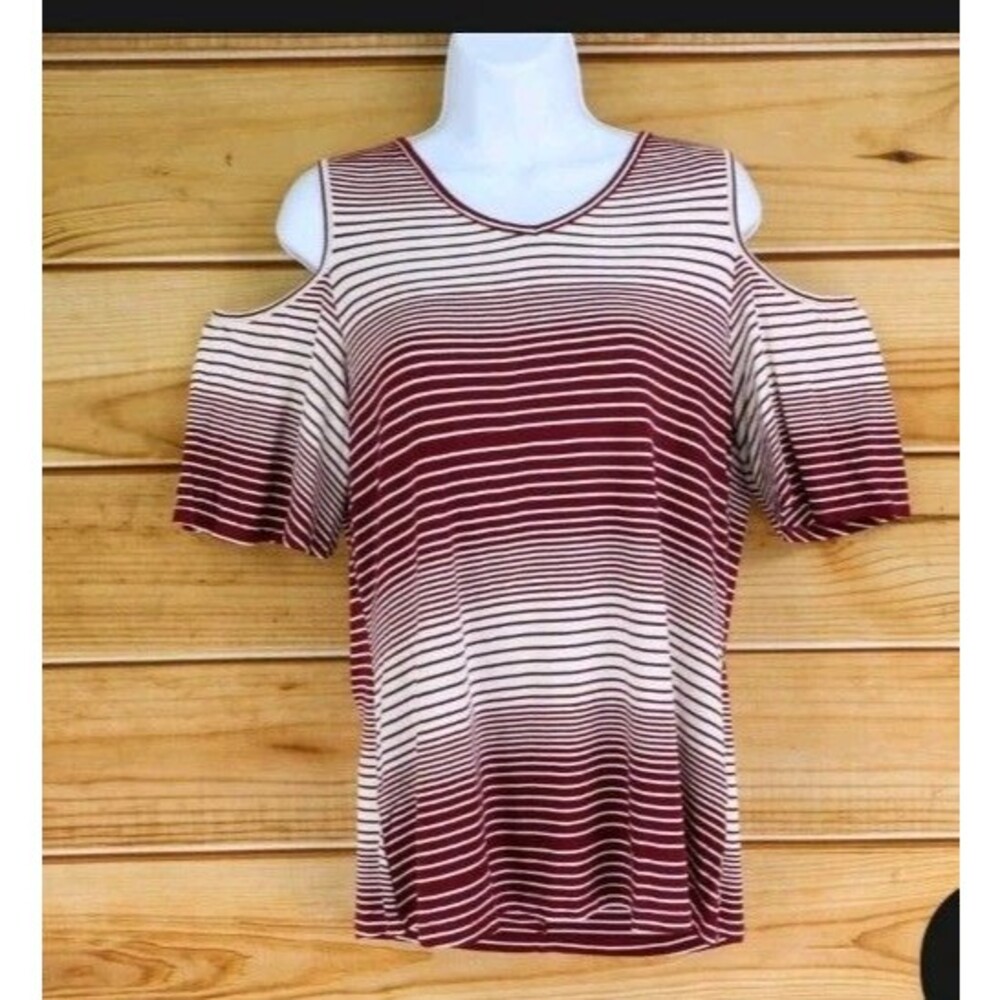 Christopher & Banks Blouse Womens 2X Maroon Striped Lace Cold Cutouts Stretchy